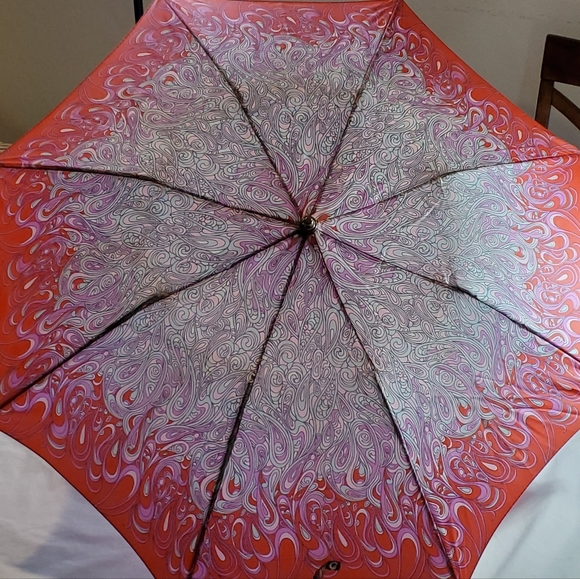 Unique Vintage 70s Psychedelia Print Red Pink and Blue Umbrella - Picture 6 of 12